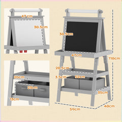 AIYAPLAY 3 in 1 Kids Easel Double-Sided Magnetic Whiteboard and Chalkboard with Paper Roll, Storage Baskets - Grey