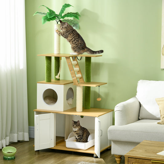 PawHut 2-in-1 Hidden Cat Litter Box, Green Leaf Cat Tree, with House, Ladder, Scratching Posts, Platforms, Indoors -Oak