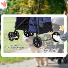 عربة أطفال PawHut Dog Pram ذات 4 عجلات للكلاب الأليفة مع باب دوار ووسادة ومقود أمان للكلاب الصغيرة والمتوسطة الحجم، أزرق داكن