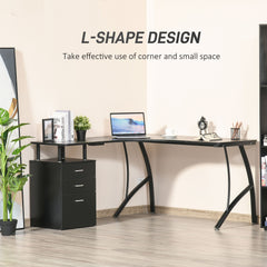 HOMCOM L-Shaped Computer Desk Table with Storage Drawer, Home Office Desk Corner Industrial Style Workstation for A4 Files 143.5 x 143.5 x 76cm, Black