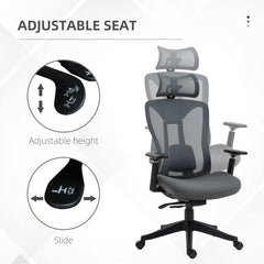 Vinsetto Mesh Office Chair, Ergonomic Desk Chair, Computer Chair with Adjustable Headrest and Lumbar Support, 135√Ç¬∞ Reclining Back and 3D Armrest for Home Office Study, Grey