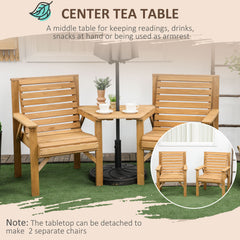 Outsunny Wooden Garden Love Seat, 2 Seater Jack & Jill Companion Seat with Coffee Table and Parasol Hole, Partner Bench, Table and Chairs Set, Outdoor Furniture for Garden, Balcony, Patio, Brown