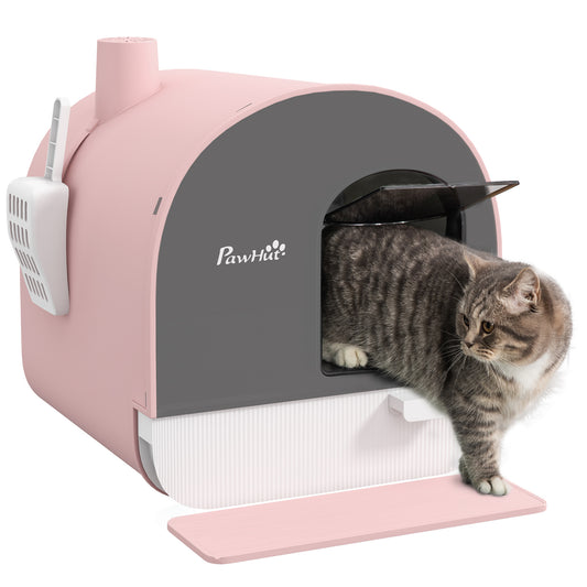 PawHut Hooded Cat Litter Box, Kitten Litter Tray, with Lid, Scoop, Filter, Flap Door, Pink