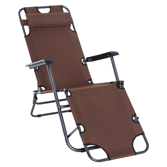 Outsunny 2 in 1 Sun Lounger Folding Reclining Chair Garden Outdoor Camping Adjustable Back with Pillow, Brown