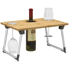 HOMCOM Portable Bamboo Top Wine and Glass Picnic Table