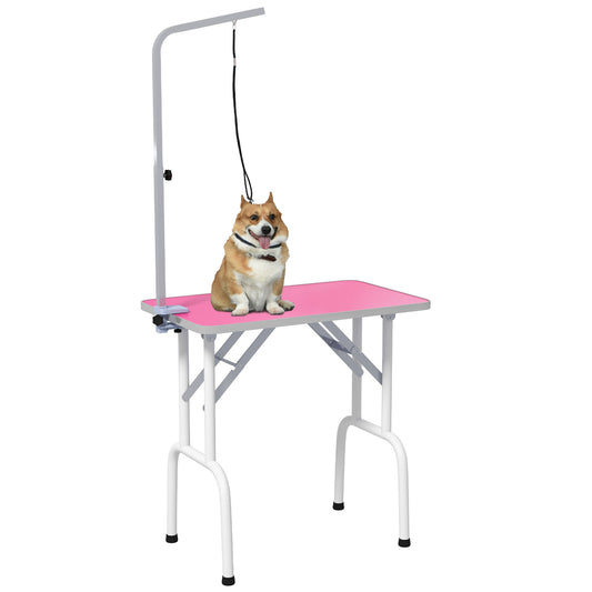 PawHut 32" Foldable Dog Grooming Table Pet Drying Beauty Table Adjustable Fixed Arm Rubber Top, Pink