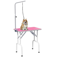 PawHut 32" Foldable Dog Grooming Table Pet Drying Beauty Table Adjustable Fixed Arm Rubber Top, Pink