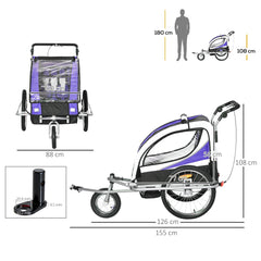 HOMCOM Baby Bike Trailer, Child Bicycle Trailer with 5 Point Harness, Steel Frame, Reflectors, Safety Flag, Hitch Coupler, Purple