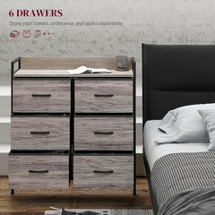 HOMCOM Rustic Chest of Six Fabric Drawers - Grey Wood Effect