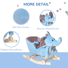 HOMCOM 2 In 1 Plush Baby Ride on Rocking Horse Elephant Rocker with Wheels Wooden Toy for Kids 32 Songs for 18+ Months (Blue)