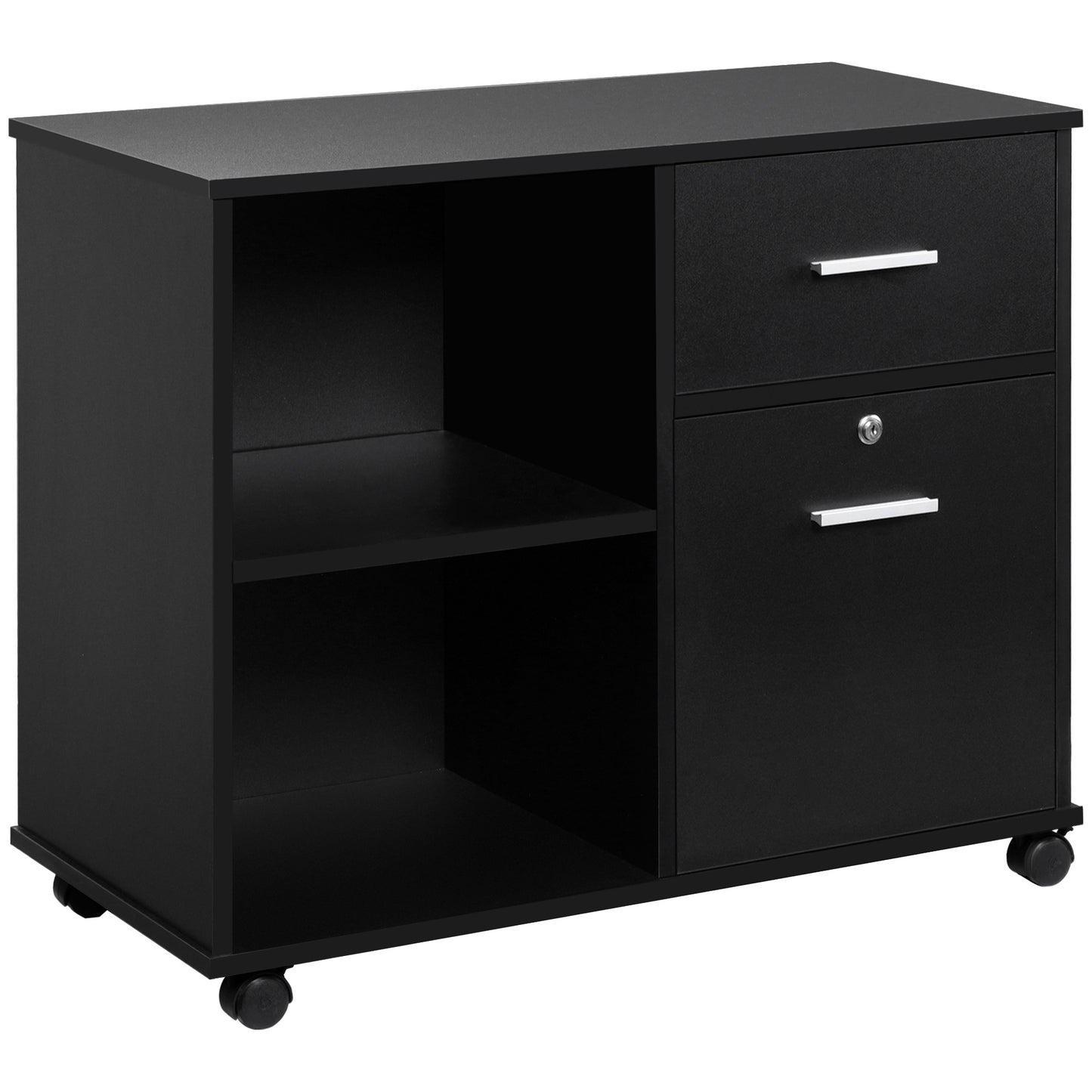 Vinsetto Filing Cabinet with Wheels, Mobile Printer Stand with Open Shelves and Lockable Drawer for A4 Size Documents, Black