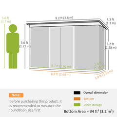 Outsunny 9ft x 4ft Metal Garden Shed, Outdoor Tool House with Foundation Kit, Ventilations and Double Doors, Dark Grey