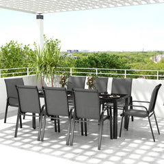 Outsunny 8 Seater Garden Dining Set with Stacking Chairs, Rectangular Tempered Glass Top, Garden Furniture Set, Outdoor Dining Table and Chairs for Patio, Balcony, Poolside, Dark Grey