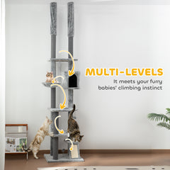 PawHut 225-255cm Floor to Ceiling Cat Tree, Large Cat Tower w/ Cat Scratching Posts, Ramp, Cat House