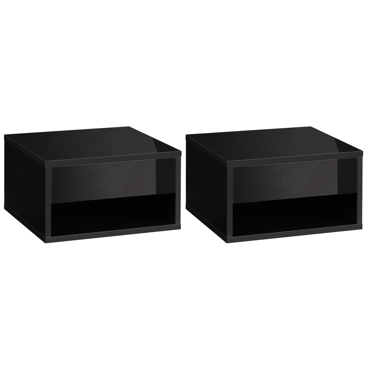 HOMCOM 2 Pieces Bedside Table Wall Mounted Nightstand with Drawer and Shelf for Bedroom, 37 x 32 x 21cm, High Gloss Black