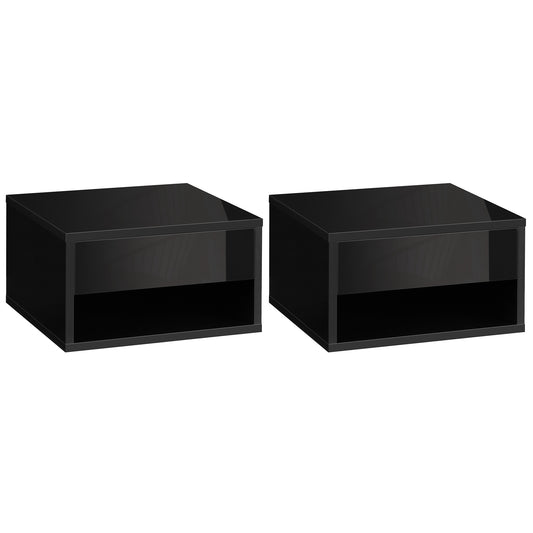 HOMCOM 2 Pieces Bedside Table Wall Mounted Nightstand with Drawer and Shelf for Bedroom, 37 x 32 x 21cm, High Gloss Black