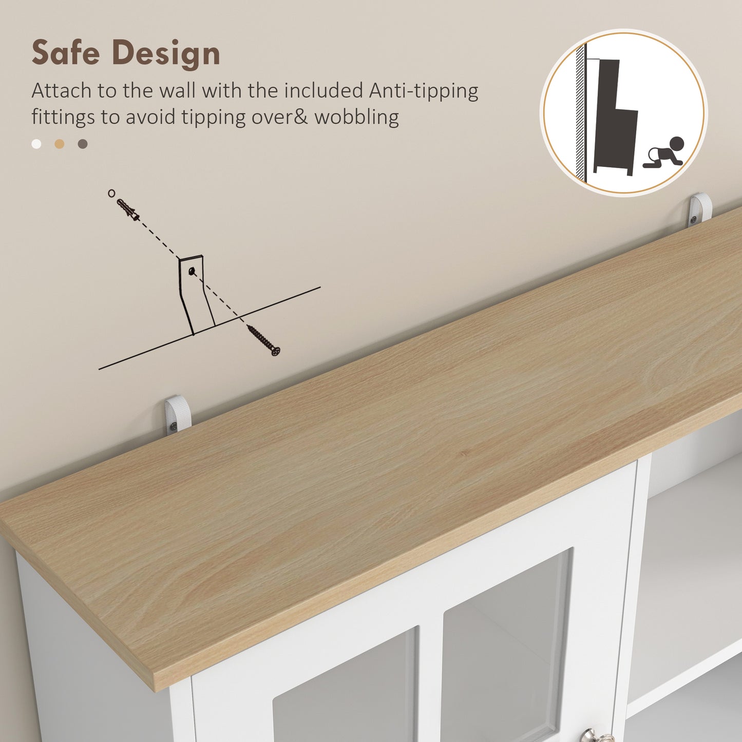 HOMCOM Freestanding Kitchen Cupboard, Storage Cabinet with Doors and Adjustable Shelves, Counter Top, Grid Glass Doors, 80L x 37W x 183H cm - White