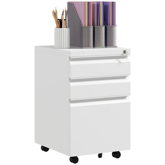 Vinsetto 3-Drawer Mobile Filing Cabinet with Pencil Tray, Steel Lockable Under Desk Drawers for Letter, A4 and Legal Size, Pre-Assembled Body, White