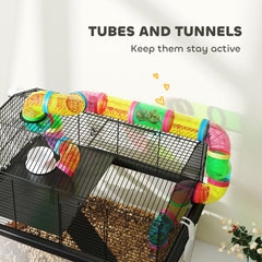 PawHut 2 Tier Hamster Cage with 31cm Deep Tray, Tube System, Water Bottle, Ramp, Feeding Bowl, 58 x 43 x 57cm, Multicolour