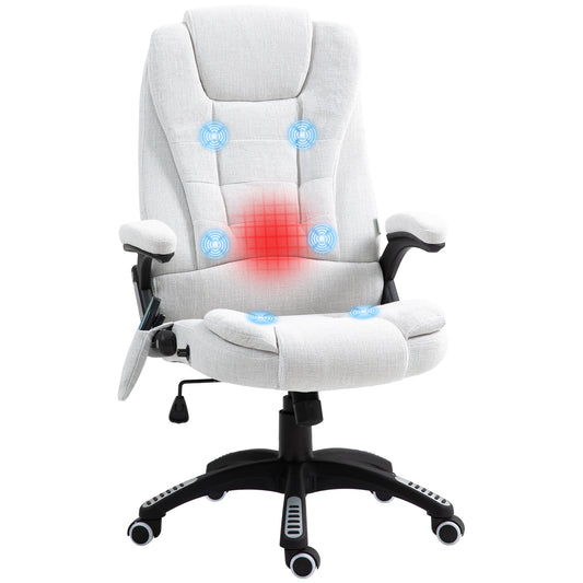 Vinsetto Massage Recliner Chair Heated Office Chair with Six Massage Points Linen-Feel Fabric 360√Ç¬∞ Swivel Wheels Cream White