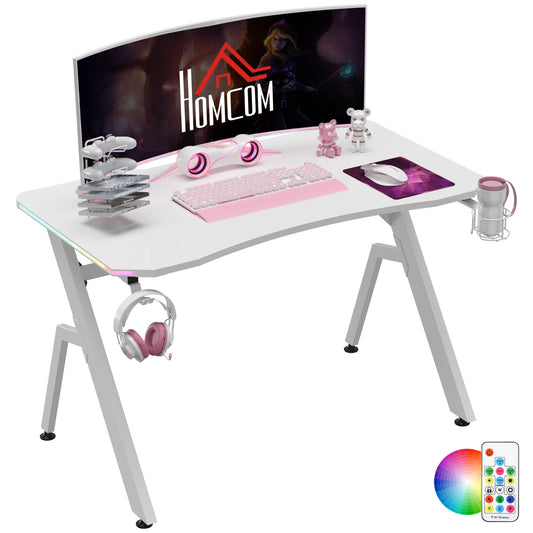 مكتب ألعاب HOMCOM RGB مقاس 120 × 66 سم، طاولة كمبيوتر بسطح من ألياف الكربون، خطاف سماعة رأس، حامل أكواب، رف وحدة تحكم، مكتب منزلي، أبيض