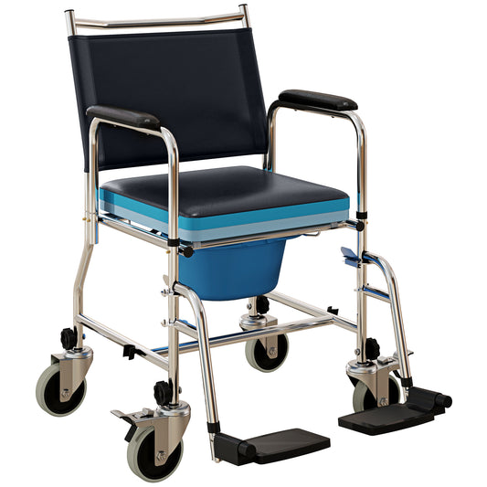 HOMCOM Rolling Shower Chair with Wheels, Bedside Commode Wheelchair with Padded Seat, Backrest, for Seniors, Adults, Injured or Disabled, Black