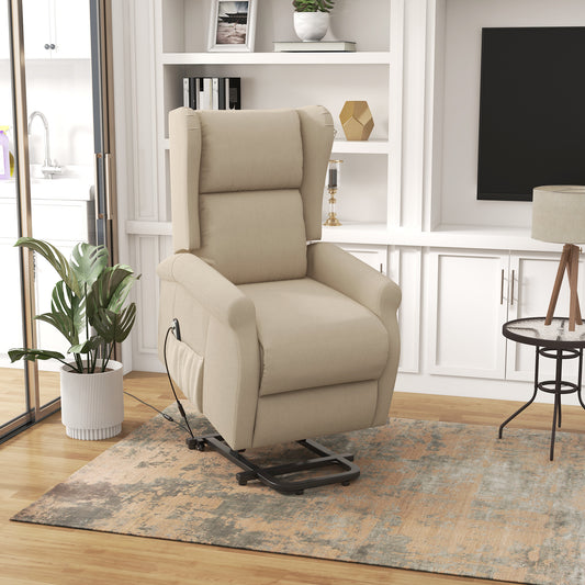 HOMCOM Power Lift Recliner Armchair, Electric Lift Chair for Elderly, Fabric Riser and Reclining Chair with Remote Control, Side Pockets, Extended Footrest, for Living Room, Beige