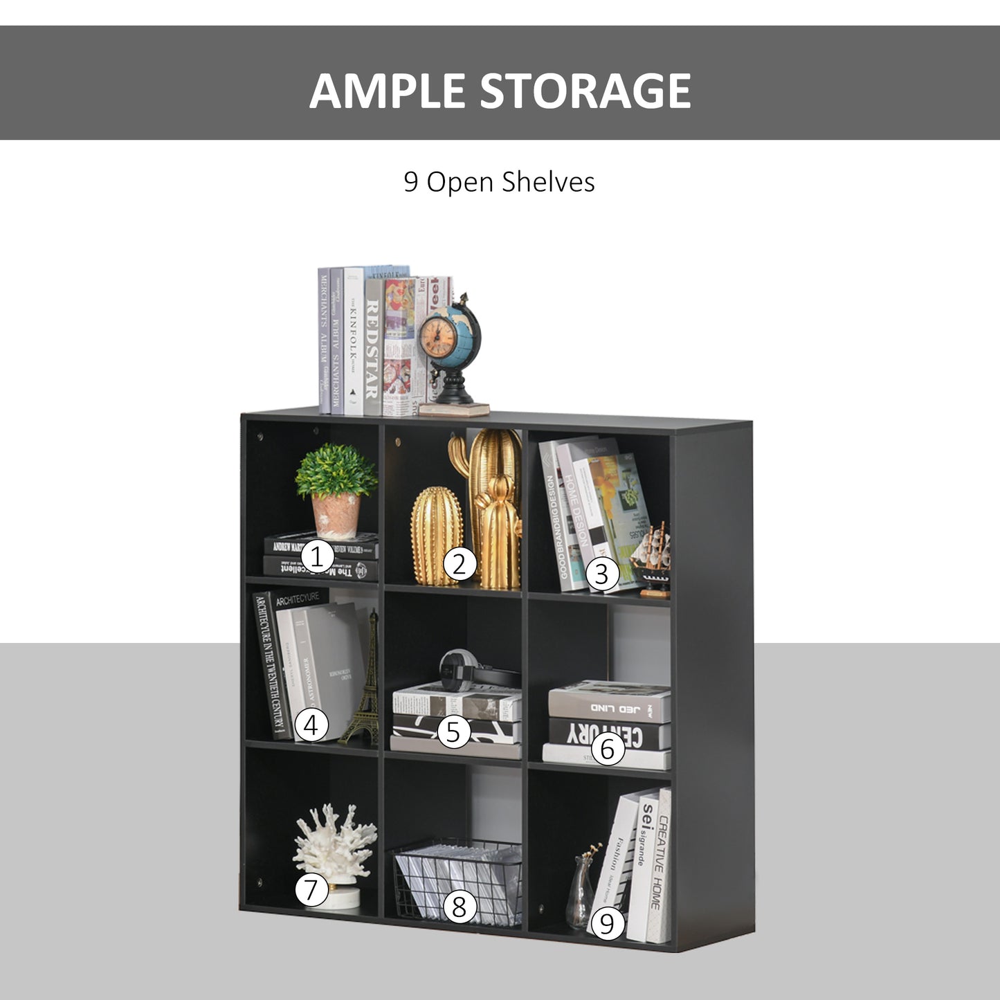 HOMCOM 3-tier 9 Cubes Storage Unit Particle Board Cupboard Bookcase Organiser Home Office Shelves, Black