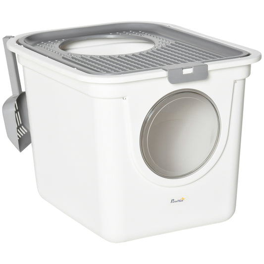 PawHut Cat Litter Box, Pet Toilet, Enclosed Kitten Pan with Front Entrance Top Exit, High Side, Scoop, White