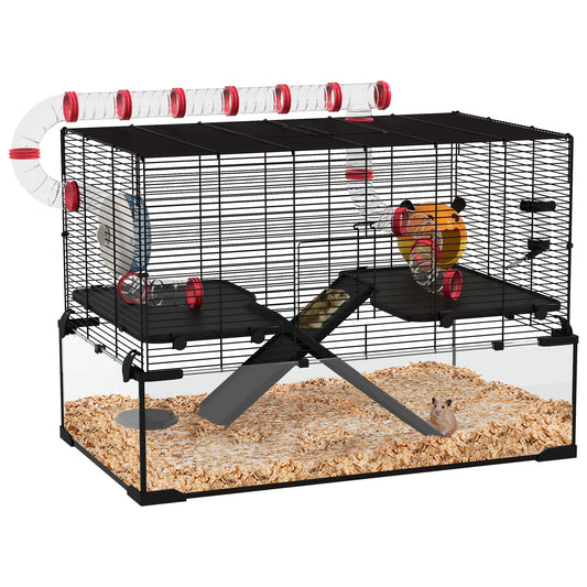 PawHut Gerbil Cage, Dwarf Hamster Cage, with Deep Glass Bottom, Tunnels, Ramps, Hut, Exercise Wheel, 78.5 x 48.5 x 57cm