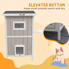 PawHut Outdoor 2 Tiers Wooden Cat Shelter w/ Removable Bottom, Escape Doors, Asphalt Roof, for 1-2 Cats - Light Grey