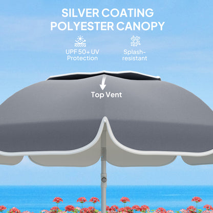 Outsunny Beach Umbrella Portable with Sand Anchor, Carry Bag, Adjustable Height & Tilt, UPF50+ UV Protection, Grey