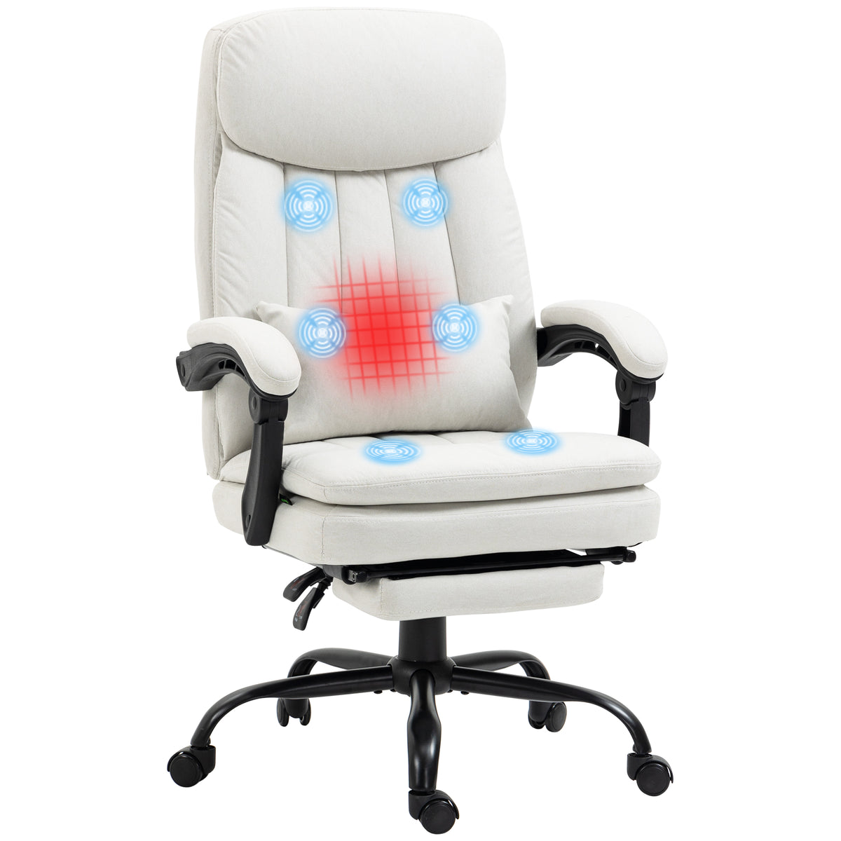 Vinsetto Office Chair, Ergonomic Desk Chair with 6-Point Vibration Massage and Lumbar Heating, Computer Chair with Lumbar Support Pillow, 155√Ç¬∞ Reclining Back and Footrest, Cream White