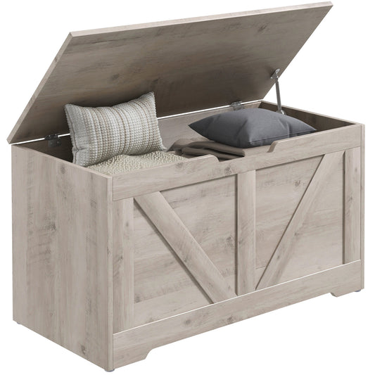 HOMCOM 100L Home Storage Box, with Safety Hinges - Grey Wood-Effect