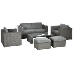 Outsunny 6PC Garden Rattan Sofa Set Bonzer Outdoor Furniture Patio Table Loveseat Stool Lounging Ottoman Aluminium Frame Wicker Weave Conservatory Grey