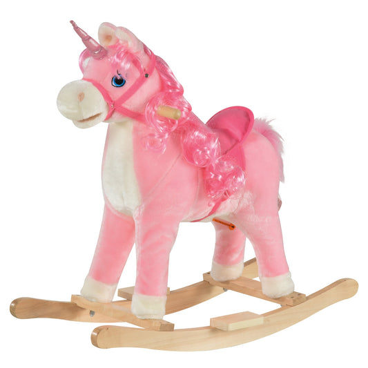 HOMCOM Kids Plush Rocking Horse Ride On Unicorn w/ Sound Moving Mouth Wagging Tail Children Rocker Toy Gift 3-6 Years Pink