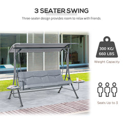 Outsunny 3 Seater Garden Swing Chair with Adjustable Canopy, Cushion and Coffee Tables for Outdoor Patio Garden Grey