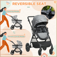 HOMCOM Foldable Baby Stoller, with Reclining Backrest, Adjustable Canopy, for Ages 0-36 Months - Grey