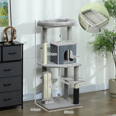 PawHut 132cm Cat Tree w/ Scratching Posts, Pad, Cat Bed, Cat House, Jumping Platform, Grooming Brush, Anti-Tip Kit, Light Grey