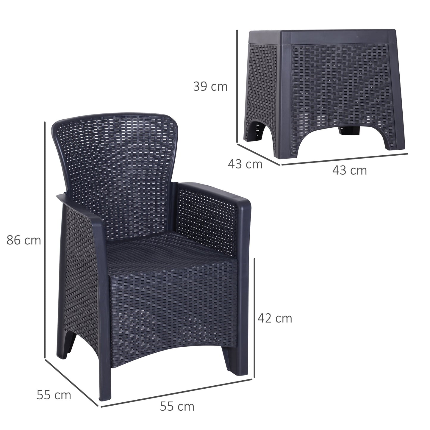 Outsunny 3 PCS Rattan Effect Garden Bistro Set 2 Chairs & Coffee Table Set with Cushion Patio Lawn Balcony Furniture - Dark Brown