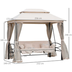 Outsunny 2-in-1 Convertible Gazebo Swing Chair Bed W/Netting, 245Lx165Wx243H cm-Beige/Black