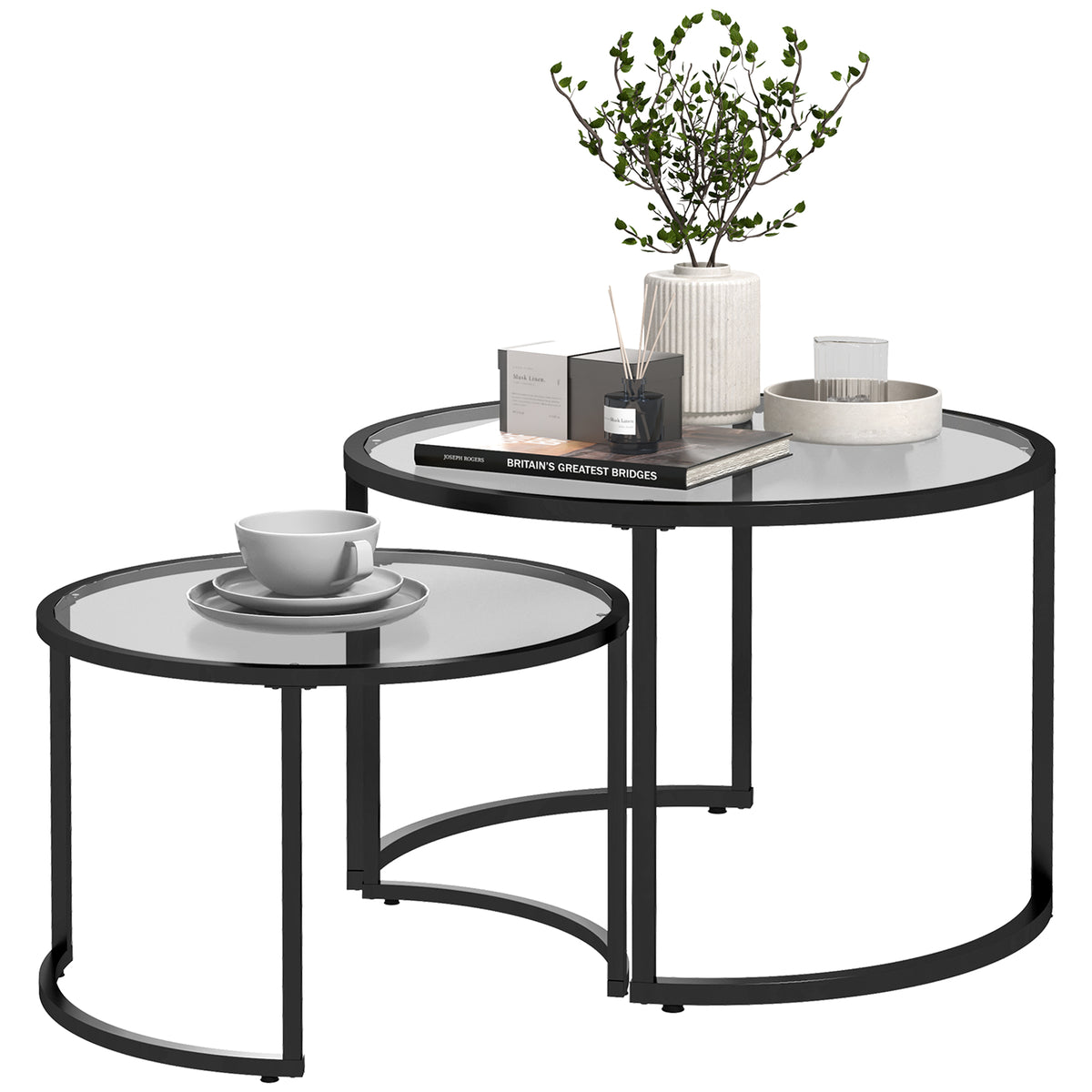 HOMCOM Two-Piece Nest of Glass-Top Coffee Tables