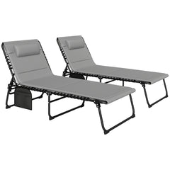 Outsunny Folding Sun Loungers Set of 2, Recliner Garden Chairs with Quick Drying Pad Headrest Side Pocket, Garden Sun Loungers for Beach Pool, Light Grey