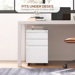 Vinsetto 3-Drawer Mobile Filing Cabinet with Pencil Tray, Steel Lockable Under Desk Drawers for Letter, A4 and Legal Size, Pre-Assembled Body, White