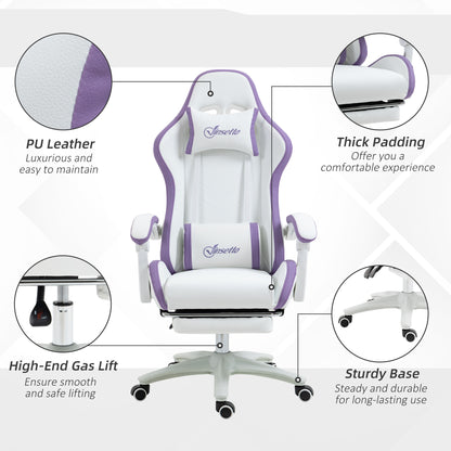 Vinsetto Computer Gaming Chair, PU Leather Office Desk Chair with Footrest, Swivel Wheels, 135√Ç¬∞ Reclining Back, Lumbar Support, Headrest for Home, White and Purple