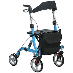 HOMCOM 4 Wheel Rollator with Seat and Back, Lightweight Folding Mobility Walker with Large Wheels, Carry Bag, Adjustable Height, Aluminium Walking Frame with Dual Brakes for Seniors, Blue