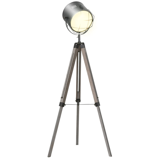 HOMCOM Floor Lamp with Adjustable Tripod for Living Room Bedroom, Vintage Spotlight Reading Lamp with Wood Legs, 115-155cm, Grey