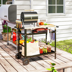 Outsunny BBQ Trolley with Stainless Steel Top Adjustable Shelf, Outdoor Kitchen BBQ Station with Hooks Seasoning Tray Towel Rack, Pizza Oven Table Movable Outdoor Grill Dining Cart with Cover, Black