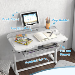 AIYAPLAY Height Adjustable Kids Desk and Chair Set, School Study Writing, Reading Table Chair Set w/ Tilted Desktop, Grey