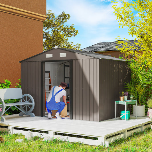 Outsunny 9 x 6ft Metal Garden Shed, Outdoor Storage Tool House with Ventilation Slots, Foundation Kit and Lockable Double Doors, Brown